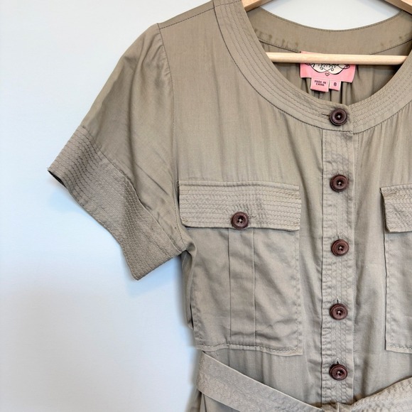 Phoebe Couture Size 8 Safari Shirt Dress Short Sleeve Midi Buttons Khaki Utility - Picture 3 of 13